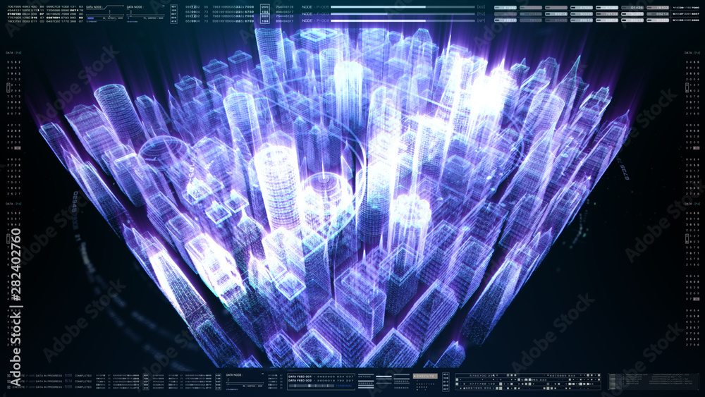 Poster Futuristic holographic city digitally generated image virtual reality matrix particles in cyber space background environment