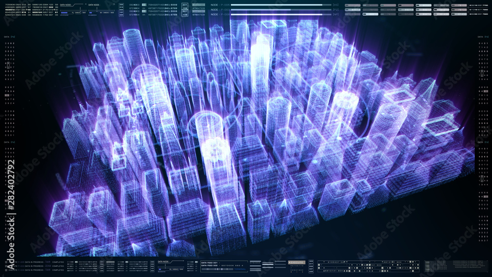 Poster Futuristic holographic city digitally generated image virtual reality matrix particles in cyber space background environment