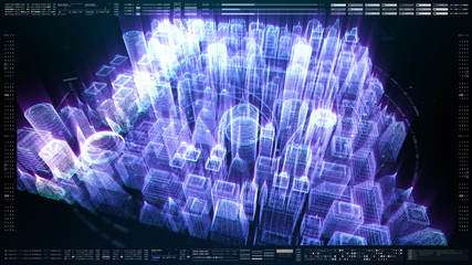 Futuristic holographic city digitally generated image virtual reality matrix particles in cyber space background environment
