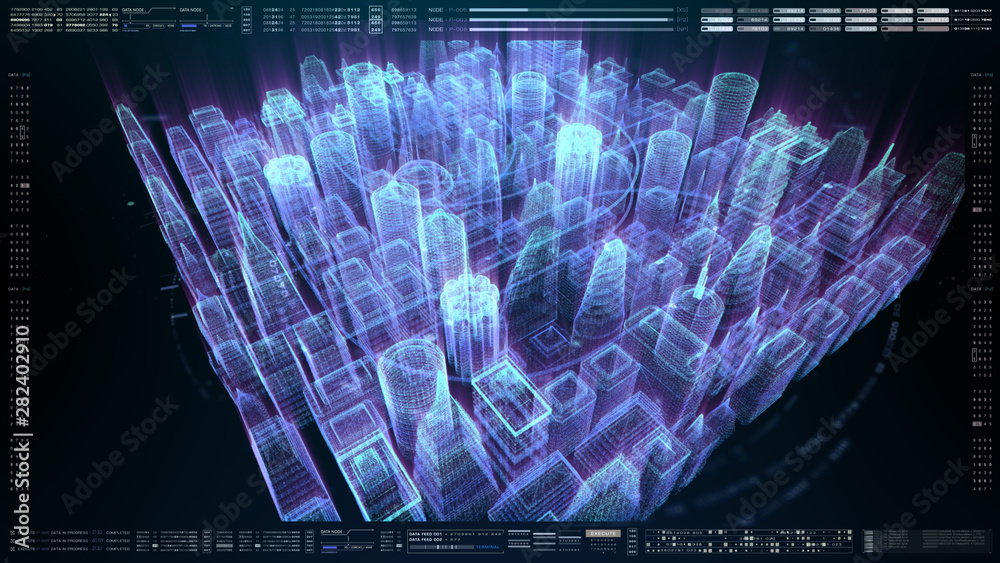 Leinwandbilder futuristic holographic city digitally generated image virtual reality matrix particles in cyber spac