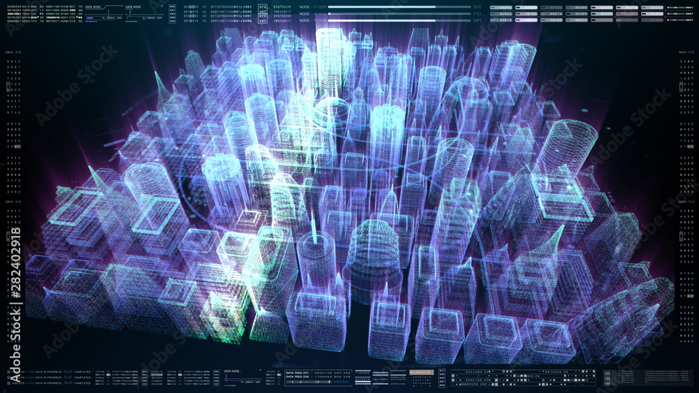Poster Futuristic holographic city digitally generated image virtual reality matrix particles in cyber space background environment