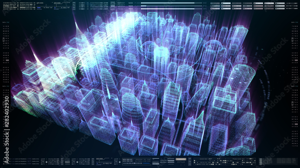 Poster Futuristic holographic city digitally generated image virtual reality matrix particles in cyber space background environment