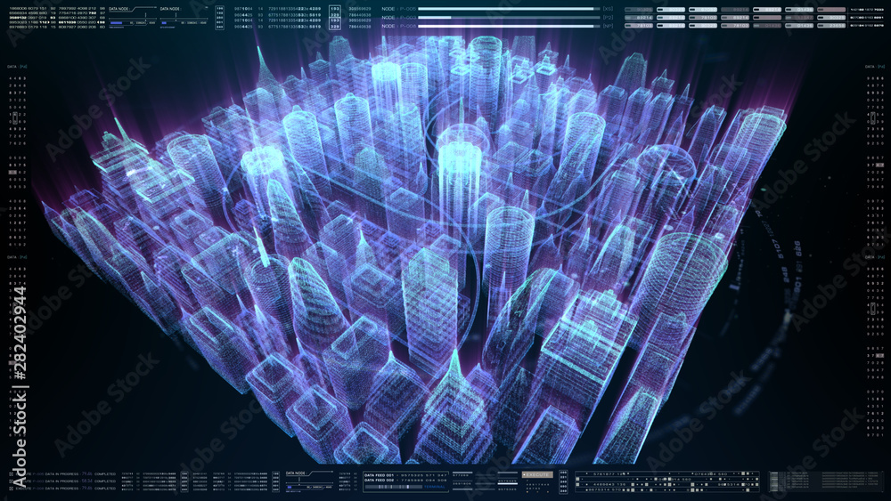 Poster Futuristic holographic city digitally generated image virtual reality matrix particles in cyber space background environment
