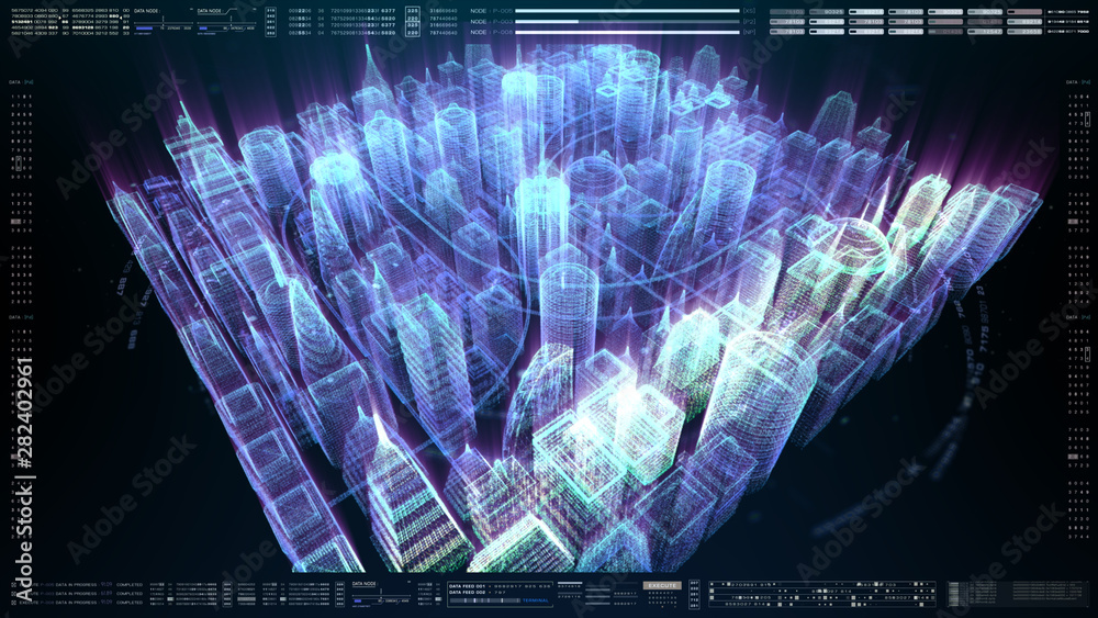 Poster Futuristic holographic city digitally generated image virtual reality matrix particles in cyber space background environment
