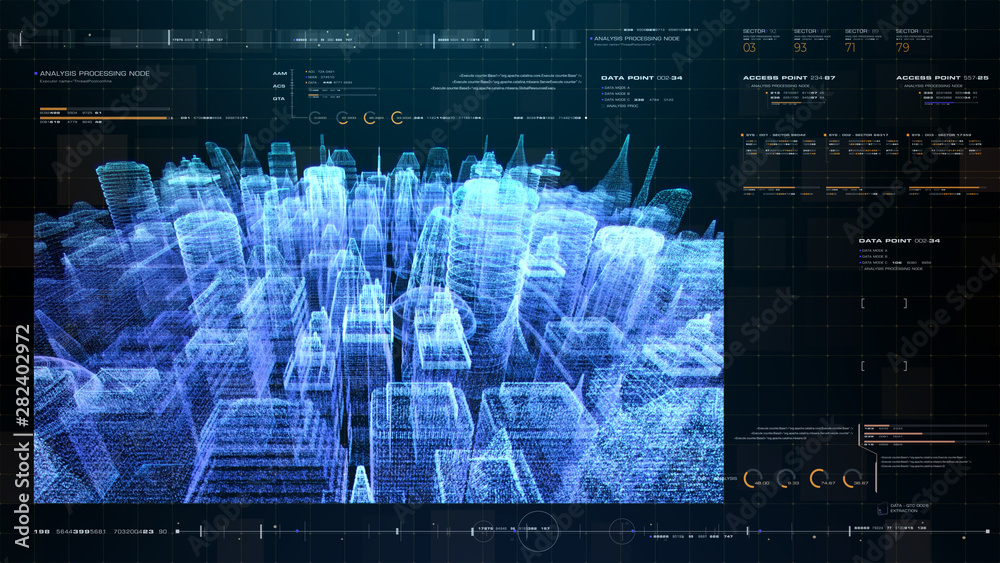 Aufkleber Futuristic holographic city digitally generated image virtual reality matrix particles in cyber space background environment