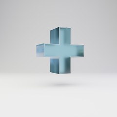 Ice 3d plus symbol. Transparent ice font with glossy reflections and shadow isolated on white background.