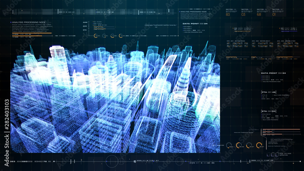 Poster Futuristic holographic city digitally generated image virtual reality matrix particles in cyber space background environment