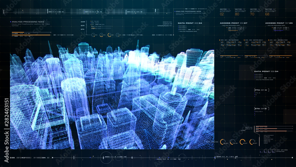 Poster Futuristic holographic city digitally generated image virtual reality matrix particles in cyber space background environment