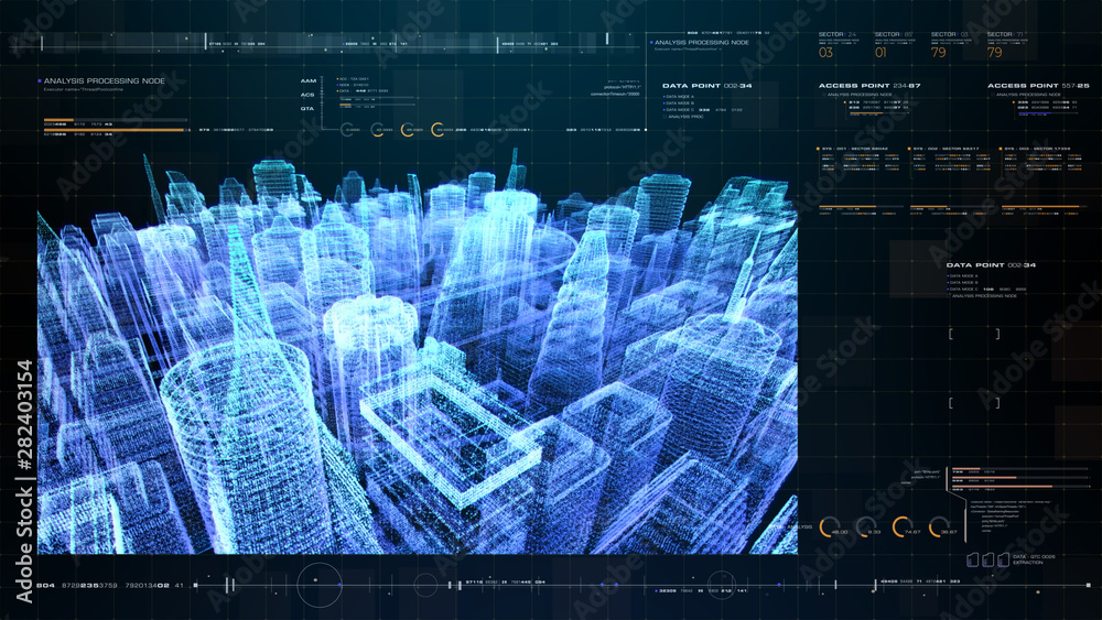 Aufkleber futuristic holographic city digitally generated image virtual reality matrix particles in cyber spac