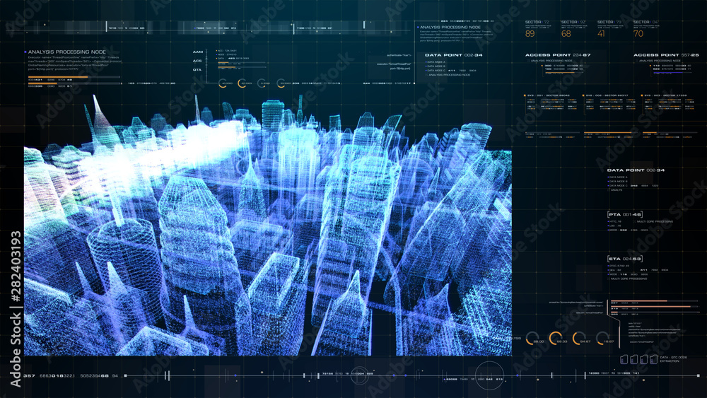 Poster Futuristic holographic city digitally generated image virtual reality matrix particles in cyber space background environment