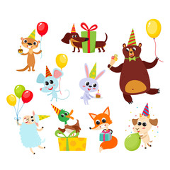 Collection of cartoon animals with gifts, balloons isolated on white.