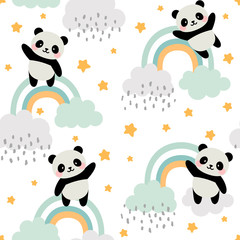 Panda Seamless Pattern Background, Happy cute panda flying in the sky between clouds and star, Cartoon Panda Bears Vector illustration for kids forest background with rain dots