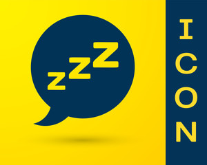 Blue Speech bubble with snoring icon isolated on yellow background. Concept of sleeping, insomnia, alarm clock app, deep sleep, awakening. Vector Illustration