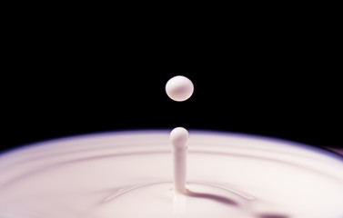 Drop of milk - milk droplet falling on white liquid and creating splash with circle ripple. Dairy products isolated on black background