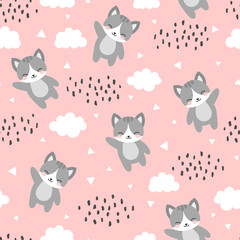 Cat Seamless Pattern Background, Happy cute kitty flying in the sky between clouds and star, Cartoon Kitten Vector illustration for kids forest background with rain dots