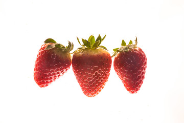 conjunto de tres fresas en temporada veraniga con fondo blanco