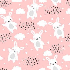 Obraz na płótnie Canvas Rabbit Seamless Pattern Background, Happy cute bunny flying in the sky between clouds and star, Cartoon Rabbit Vector illustration for kids forest background with rain dots