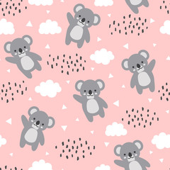 Koala Seamless Pattern Background, Happy cute koala flying in the sky between clouds and star, Cartoon Koala Bears Vector illustration for kids forest background with rain dots © Gabriel Onat