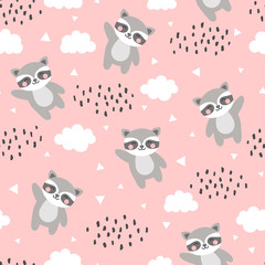 Raccoon Seamless Pattern Background, Happy cute racoon flying in the sky between clouds and star, Cartoon Raccoon Vector illustration for kids forest background with rain dots