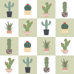 Cute cactus on green and white background seamless pattern - 282404925