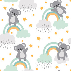 Koala Seamless Pattern Background, Happy cute koala flying in the sky between clouds and star, Cartoon Koala Bears Vector illustration for kids forest background with rain dots
