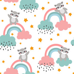 Raccoon Seamless Pattern Background, Happy cute racoon flying in the sky between clouds and star, Cartoon Raccoon Vector illustration for kids forest background with rain dots