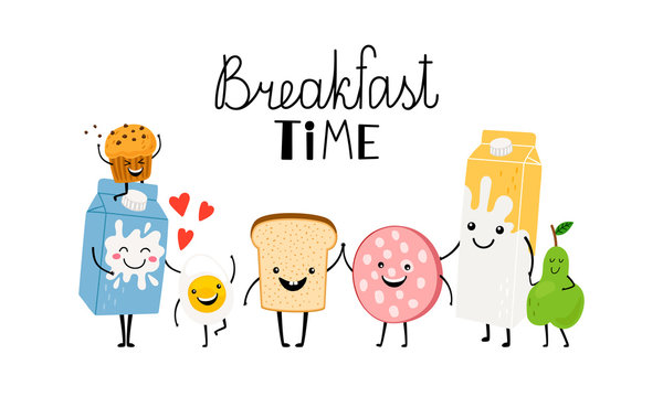 Brealfast time, characters bread milk and food. Vector yummy toast, comic funny ingredient for morning illustration
