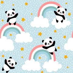 Panda Seamless Pattern Background, Happy cute panda flying in the sky between clouds and star, Cartoon Panda Bears Vector illustration for kids forest background with rain dots © Gabriel Onat
