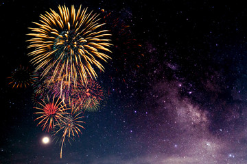 Fireworks with blur milky way background