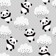 Panda Seamless Pattern Background, Happy cute panda flying in the sky between clouds and star, Cartoon Panda Bears Vector illustration for kids forest background with rain dots © Gabriel Onat