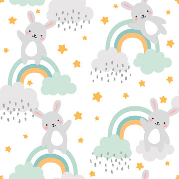 Rabbit Seamless Pattern Background, Happy cute bunny flying in the sky between clouds and star, Cartoon Rabbit Vector illustration for kids forest background with rain dots