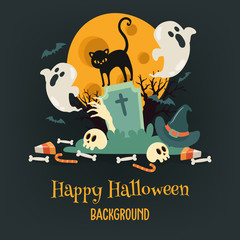 Happy Halloween with Cat at Cemetery. Full Moon Night in Spooky Forest. Vector- Illustration