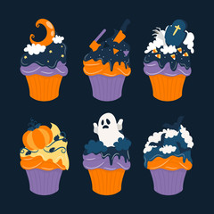 Halloween Sweet Cupcake. Set of Halloween Cupcake. Happy Halloween. Pumpkin, Cat, Bat, Moon, Ghost, Skull, Witch, Eye Ball, Cemetery. Vector - Illustration