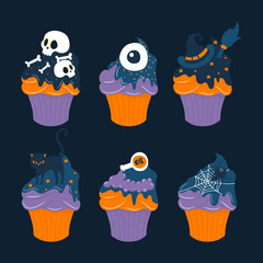 Halloween Sweet Cupcake. Set of Halloween Cupcake. Happy Halloween. Pumpkin, Cat, Bat, Moon, Ghost, Skull, Witch, Eye Ball, Cemetery. Vector - Illustration