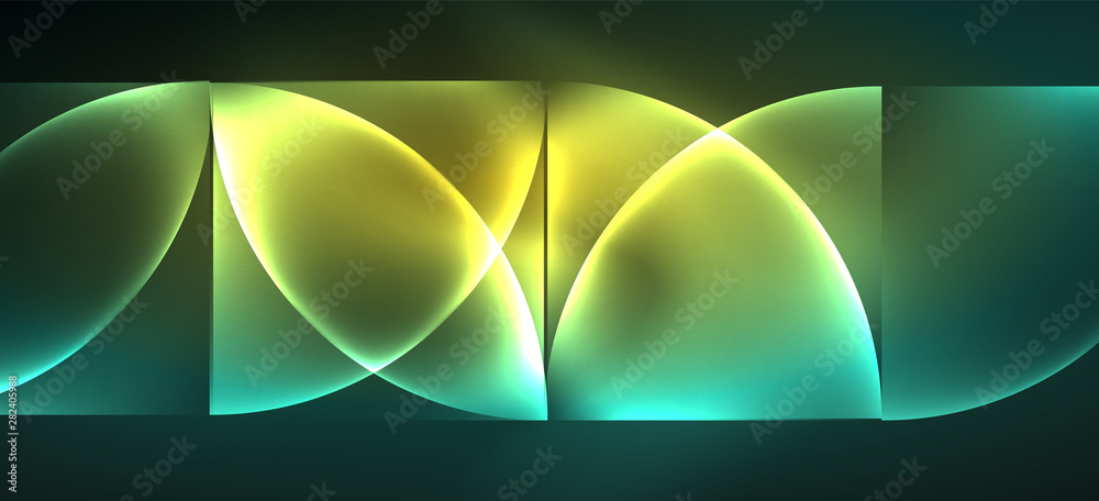 Fototapete techno glowing glass geometric shapes vector background, futuristic dark template with neon light ef
