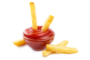 French potato fries and tomato ketchup, isolated on white background