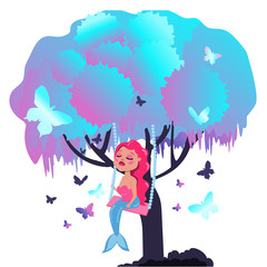 Mermaid with pink hair sits on a tree branch. Fabulous tree with butterflies and a mermaid.