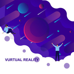 Banner virtual reality with space and people in virtual reality glasses.