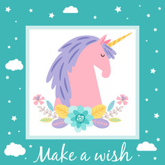 Make a wish card template with cute unicorn and stars. Unicorn magic, make wish, dream horse with horn illustration