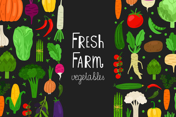Fresh menu, vegetables banner vector template. Vegan food background. Fresh farm vegetable, pumpkin and eggplant, broccoli and asparagus illustration