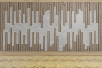 wooden slats on white concrete texture, design wall, empty room, 3d rendering