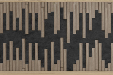 wooden slats on black concrete texture, space for text, 3d rendering background