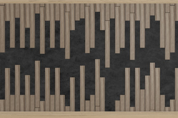 wooden slats on black concrete texture, space for text, 3d rendering background