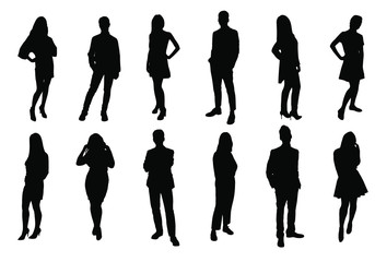 Silhouettes of young people. Girls and boys in full growth. Black silhouette on a white background, contour.