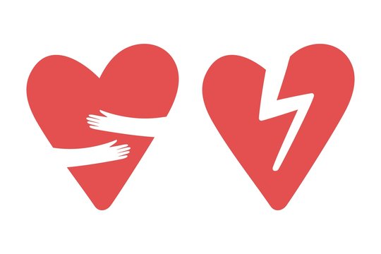 Broken and hugging hearts vector icons. Love yourself, divorce, heart attack icon. Illustration of broken love heart, romantic hug and breakup