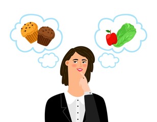 Girl chooses between unhealthy and healthy food. Diet, dietology vector concept. Illustration of girl choosing unhealthy nutrition and dieting