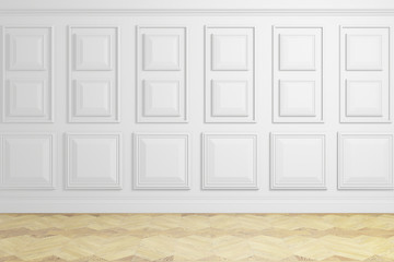 3d rendering, interior design, white wall with panels and wood floor, empty room, design wall