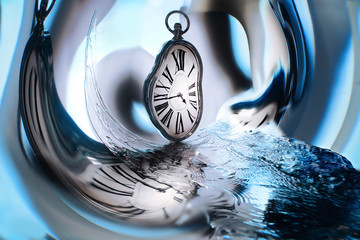 Reflection of the clock in the mirror surface. Concept: Time flows, changes, transforms.