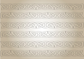 Abstract illustration Celtic ornament. Celtic beige patterns on a sand background. Fantasy of Celtic chains and plexuses. 