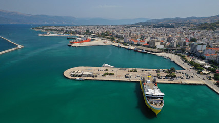 Fototapeta na wymiar Aerial drone photo of Port and main town of Patras, Achaia, Greece